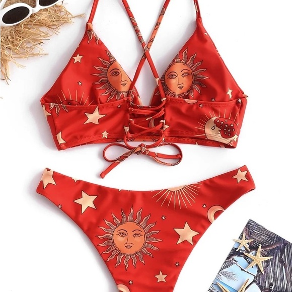 Zaful Celestial Sun and Moon Red Bikini Set sz 6 /medium - Picture 2 of 9